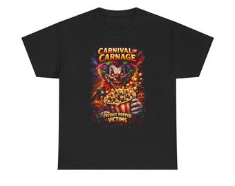Carnival of Carnage Clown Tee | Horror Popcorn Victims Graphic Shirt
