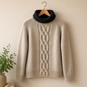 May include: A beige cable-knit sweater with a black turtleneck collar hangs from a wooden hanger. The sweater features a central cable design and ribbed cuffs and hem. The background is a neutral color, and a small plant in a pot is visible on the left.