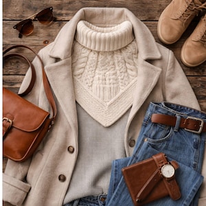 Könnte beinhalten: Draufsicht auf ein stilvolles Outfit auf einer Holzoberfläche. Das Ensemble umfasst einen beigen Mantel, einen cremefarbenen Zopfstrickpullover, blaue Jeans, braune Lederaccessoires, eine Sonnenbrille und beige Stiefel.