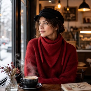 May include: A woman wearing a black cap and a red sweater sits by a window, looking out. A cup of coffee with steam rises from it sits on the table. A small vase with red berries is also on the table.