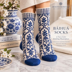 May include: A pair of cream-colored knit socks featuring a blue floral pattern and small white pearl embellishments. The socks have a ribbed cuff and a solid blue toe section. Text on the image reads BÁIHUÁ SOCKS, A Two-Color Knitting Masterpiece.