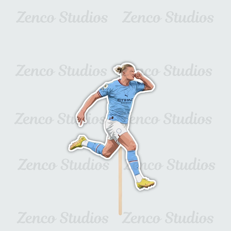 May include: A light blue and white cartoon illustration of a soccer player in a running pose, with a wooden stick attached. The player is wearing a light blue jersey with the text "ETIHAD AIRWAYS". The background is white.