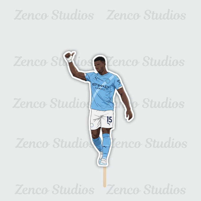 May include: A sticker featuring a cartoon illustration of a soccer player in a light blue jersey with the number 15. The player is giving a thumbs up. The sticker has the text "Zenco Studios" and "ETIHAD AIRWAYS".