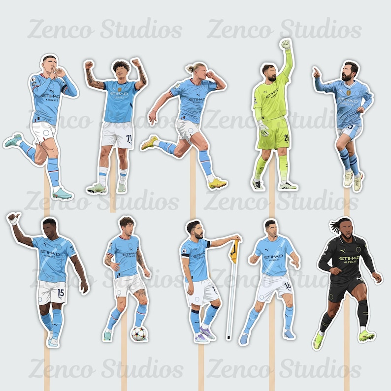 May include: A collection of illustrated soccer player cutouts on wooden sticks. The players are wearing light blue and black uniforms. The text "Zenco Studios" is repeated across the top and bottom of the image.
