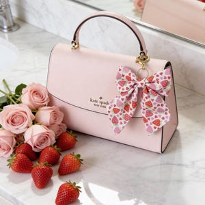 May include: A light pink handbag with a top handle and gold hardware, featuring a strawberry-patterned bow. The bag is next to a bouquet of pink roses and several fresh strawberries.
