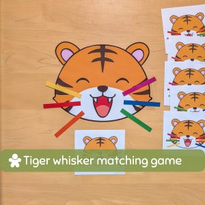 Gioco stampabile per bambini: Associazione dei baffi di tigre, Abilità motorie fini, Ordinamento dei colori, Attività Montessori, Sviluppo della coordinazione occhio-mano
