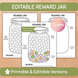 May include: Three printable reward jar templates featuring a line-art mason jar with circular spaces for stickers or coloring. Text includes REWARD JAR, YOU'RE DOING AMAZING, ALMOST THERE, YOU CAN DO IT, and REWARD: with a blank line for writing.