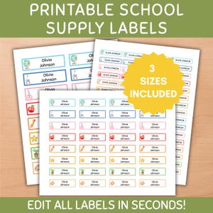 Peut inclure: Trois feuilles d'étiquettes scolaires imprimables portant le nom Olivia Johnson et diverses icônes sur le thème de l'école comme des globes, des pommes et des crayons. Un graphique en étoile jaune au centre indique 3 SIZES INCLUDED. Le texte indique PRINTABLE SCHOOL SUPPLY LABELS et EDIT ALL LABELS IN SECONDS.
