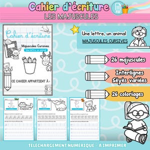 Peut inclure: Un cahier d'écriture numérique pour apprendre les majuscules cursives, illustré de dessins au trait noir et blanc d'animaux. Les pages incluent des exercices de traçage pour les lettres A, B et C, avec des espaces pour s'entraîner et colorier.