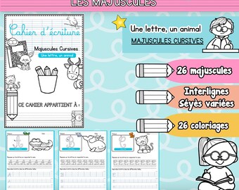 Cahier d'écriture des majuscules cursives PDF | 26 lettres et 26 coloriages animaux | Graphisme et écriture GS CP CE1