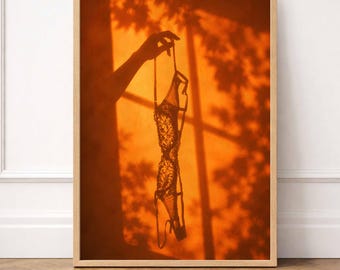Golden Hour Lingerie Shadow Art Print, Orange Golden Hour Poster, Sensual Feminine Wall Decor, Boudoir Bedroom, College Dorm Art