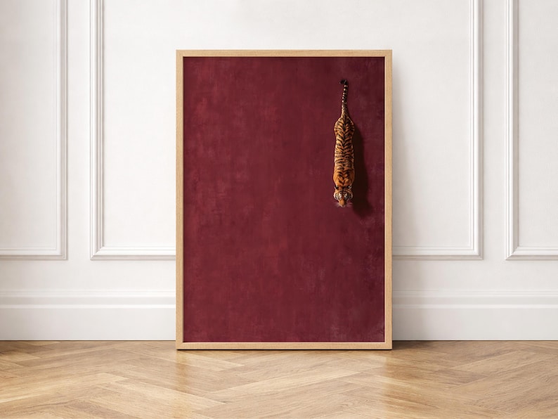 Minimalist Tiger Wall Art, Burgundy Red Tiger Print, Retro Animal Poster, Tiger Artwork, Modern Wildlife Decor, Tiger Lover Gift