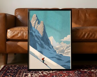 Vintage Ski Poster, Retro Winter Mountain Art, Alps Skiing Print, Apres Ski Decor, Teal and Orange Wall Art, Cozy Cabin Sign, Skier Gift