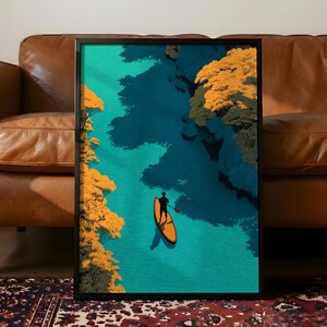 Art homme sur planche à pagaie, art mural bleu sarcelle et orange, affiche nature minimaliste, décoration murale de cabine, cadeau pour amoureux de la nature,