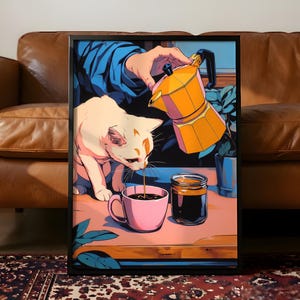 May include: A framed art print depicts a cat and coffee. A person pours coffee from a yellow moka pot into a pink mug. The cat is white with orange markings. A jar of coffee and plants are also visible.