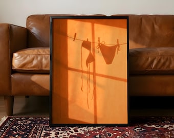 Golden Hour Bikini Shadow Wall Art, Summer Beach Poster, Orange Sunlight Print, Terracotta Swimwear Art, Minimalist Coastal Bathroom Decor