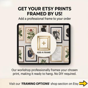 May include: A digital tablet screen displays a collage of various framed art prints. A central circular icon features a gold frame outline with a plus sign and the text ADD A FRAME. The text GET YOUR ETSY PRINTS FRAMED BY US! appears above.