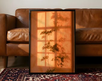 Sunset Window Shadow Botanical Wall Art Print, Golden Hour Window Shadow Poster, Cozy Bedroom Decor, Warm Terracotta Botanical Poster
