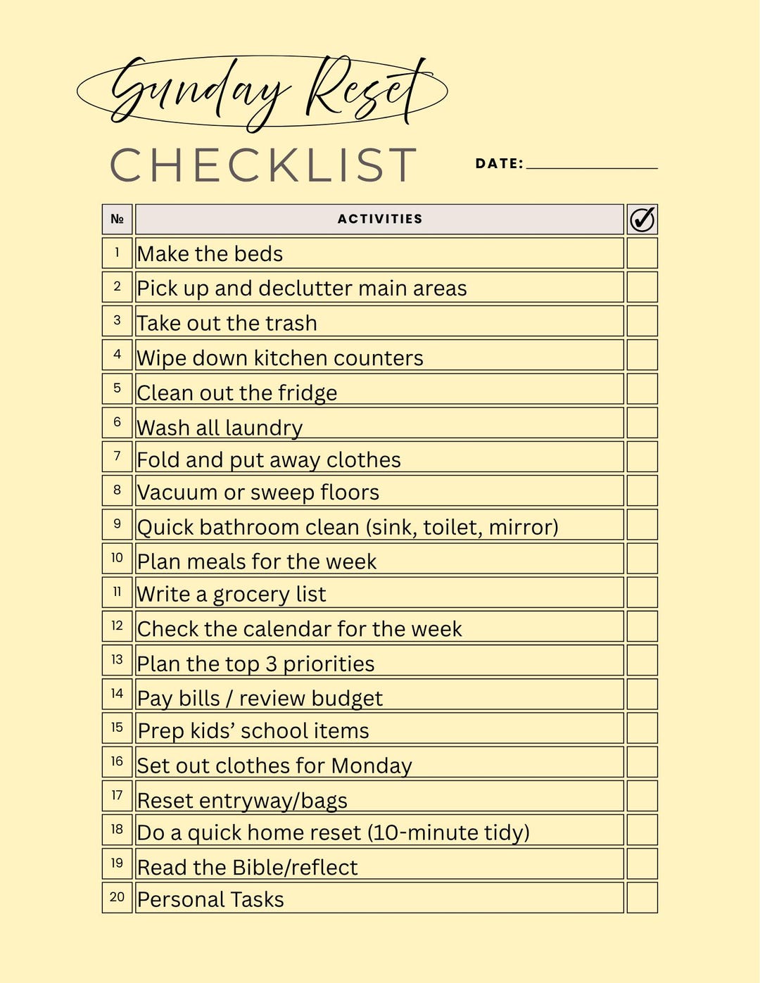 Sunday Reset Checklist.pdf Sunday Reset Checklist Printable/editable | Weekly Cleaning Schedule ...