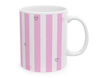 Pink Stripes with Doodle Hearts Mug | Ceramic Coffee Cup
