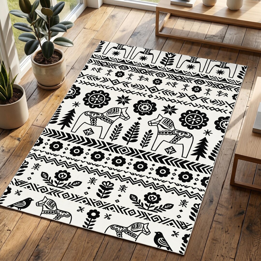 Dala Rugs Nordic Dala Horse Folk Art Rug, Black White Boho Farmhouse Floor Mat ...