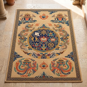 May include: A rectangular beige rug with an intricate design featuring dragons, phoenixes, pagodas, and a central circular emblem. The design incorporates blue, red, orange, and gold elements, with a border of repeating geometric patterns.