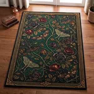 May include: A rectangular area rug featuring a dark green background with a pattern of red and purple roses, thorny vines, and various moths. The rug is enclosed by a decorative gold-colored border with ornate corner details and straight edges.