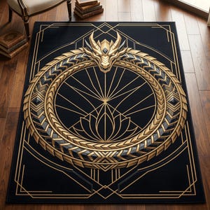 May include: A black rectangular rug featuring a gold and grey dragon design. The dragon is centrally positioned within a circular pattern. The rug incorporates geometric gold lines and a floral design at the base.