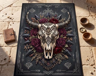 Tappeto gotico in stile sud-occidentale con teschio, tappeto boho con teschio di toro e rose, arredamento dark western