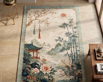 Alfombra de paisaje chino, alfombra oriental floral de bambú, decoración de sala de estar de estilo japonés.