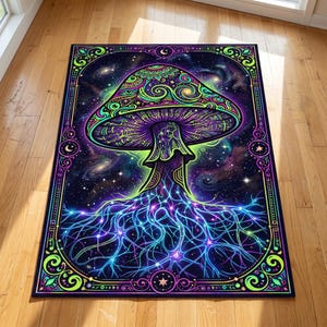 May include: A rectangular area rug featuring a psychedelic mushroom design. The mushroom cap is green and purple with intricate patterns, set against a starry galaxy background. The rug's border is a vibrant green and purple, with a network of blue and purple roots.