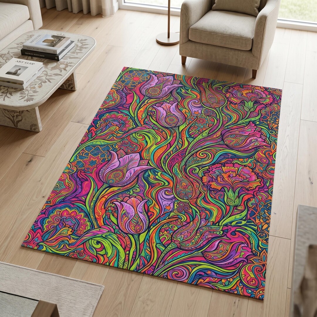 Psychedelic Floral Area Rug: Vibrant Boho Botanical Carpet – Maximalist ...
