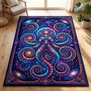 May include: A rectangular area rug featuring a vibrant, psychedelic octopus design. The rug showcases a dark blue background with a detailed illustration of an octopus in shades of blue, purple, and orange. The design includes swirling patterns and cosmic elements.