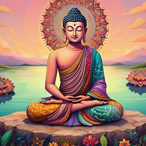 Può includere: Illustrazione digitale di un Buddha in meditazione seduto su una piattaforma di pietra, circondato da acqua e fiori di loto. La figura del Buddha è adornata da abiti colorati, con un'aureola dettagliata. Lo sfondo presenta un paesaggio sereno con montagne e un tramonto.