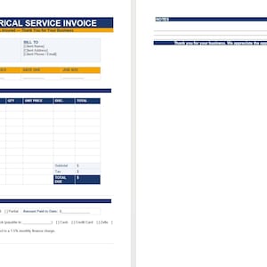 Op de afbeelding: Een sjabloon voor een elektriciteitsfactuur met een blauwe en gele kop. Het document bevat velden voor bedrijfs- en klantinformatie, servicebeschrijvingen en betalingsgegevens. De tekst "Electrical Service Invoice" is prominent aanwezig.