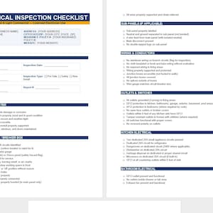 May include: A two-page electrical inspection checklist document with a blue header titled Electrical Inspection Checklist. It includes sections for company information, inspection details, service entrance, main panel, sub-panels, wiring, outlets, and kitchen and bathroom electrical systems.