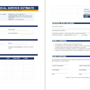 May include: A two-page electrical service estimate template featuring blue headers and white fields. The document includes sections for company information, estimate details, client information, scope of work, pricing, additional notes, terms, and client acceptance.