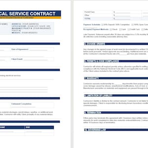 May include: A two-page Electrical Service Contract template featuring a blue header with the text Electrical Service Contract. The document includes sections for company information, parties to agreement, scope of work, project timeline, payment terms, change orders, permits, warranty, liability, termination, and governing law.