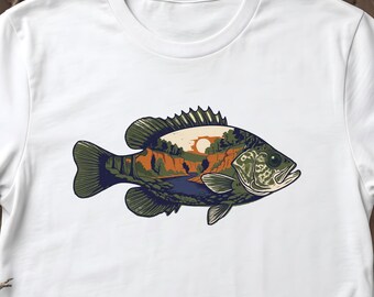 Retro Goggle Eye Shirt - Rock Bass Home Waters River Landscape Tee - Stream Fishing Shirt - Ozarks Fisherman Gift - Wading Apparel Gift