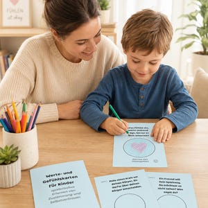 May include: A set of light blue educational cards for children titled Werte- und Gefühlskarten Für Kinder, featuring prompts and blank circles for drawing. The cards include text in German, such as questions about feelings, personal boundaries, and sharing, alongside a cup of colored pencils.