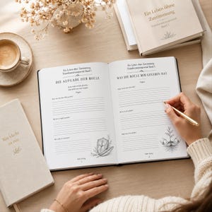 Op de afbeelding: Een open dagboek met witte pagina's met Duitse tekst, waaronder koppen zoals Die Aufgabe der Rolle en Was die Rolle mir gegeben hat, met gelinieerde secties om te schrijven, decoratieve botanische en schildillustraties, en paginanummers 7 en 8.