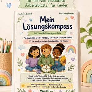 May include: A workbook titled Mein Lösungskompass featuring an illustration of three children with a compass, rainbow, and hearts. The cover includes the text Probleme verstehen & Lösungen finden, 15 liebevoll gestaltete Arbeitsblätter für Kinder, and Miki-Verlag.
