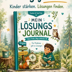 Könnte beinhalten: Ein ausdruckbares PDF-Journal mit dem Titel Mein Lösungsjournal, das eine Waldszene mit einem Kind, einem Fuchs und einer Eule zeigt. Das Cover enthält Texte wie Emotion & Soul Kids, Ideen finden. Wege entdecken und Für Probleme gibt es Lösungen.