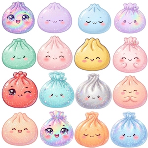 May include: A collection of sixteen round, dumpling-shaped characters arranged in a grid. Each character features a unique pastel or iridescent colour, a smooth texture with glittery accents, and a distinct facial expression with eyes and a small mouth.