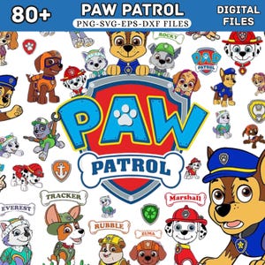 May include: A digital collection of 80+ Paw Patrol graphic files in PNG, SVG, EPS, and DXF formats. The image features the central Paw Patrol shield logo surrounded by various character illustrations including Chase, Marshall, Rubble, Skye, Rocky, and Zuma.