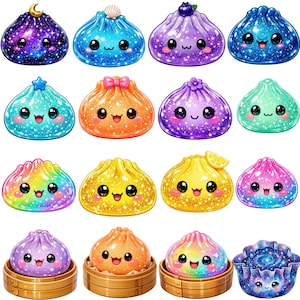 Puede incluir: Una colección de dieciséis personajes con forma de dumpling, coloridos y brillantes, con ojos grandes y expresivos y bocas sonrientes. Algunos tienen adornos como una luna, una concha, un arándano, un lazo, una flor o una rodaja de limón.