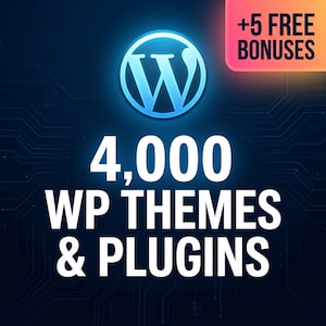 Peut inclure: Graphique num&eacute;rique avec le logo WordPress et le texte "4 000 Th&egrave;mes et Plugins WP". Une banni&egrave;re rose et orange en haut &agrave; droite indique "+5 BONUS GRATUITS". Le fond est bleu fonc&eacute; avec un motif de circuit imprim&eacute;.
