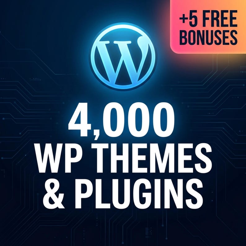 Peut inclure: Graphique num&eacute;rique avec le logo WordPress et le texte "4 000 Th&egrave;mes et Plugins WP". Une banni&egrave;re rose et orange en haut &agrave; droite indique "+5 BONUS GRATUITS". Le fond est bleu fonc&eacute; avec un motif de circuit imprim&eacute;.