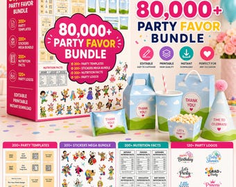 8000+ Party Favor Template Bundle, Party Favor Mockups, Chip Bag Water Bottle Label Shoe Box Template, Nutrition Facts, Canva Editable Svg