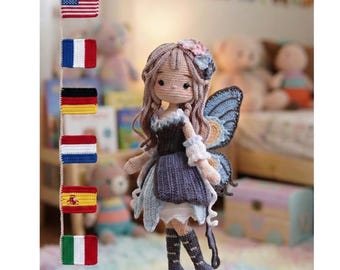 妖精人形のかぎ針編みパターンPDF、あみぐるみ妖精人形、花びらドレス人形パターン、ファンタジー人形のかぎ針編み、羽根人形パターン